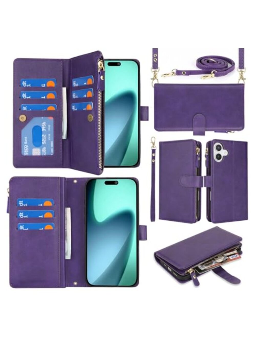 Crossbody Phone Wallet Case for iPhone 17 6.3in with Strap PU Leather